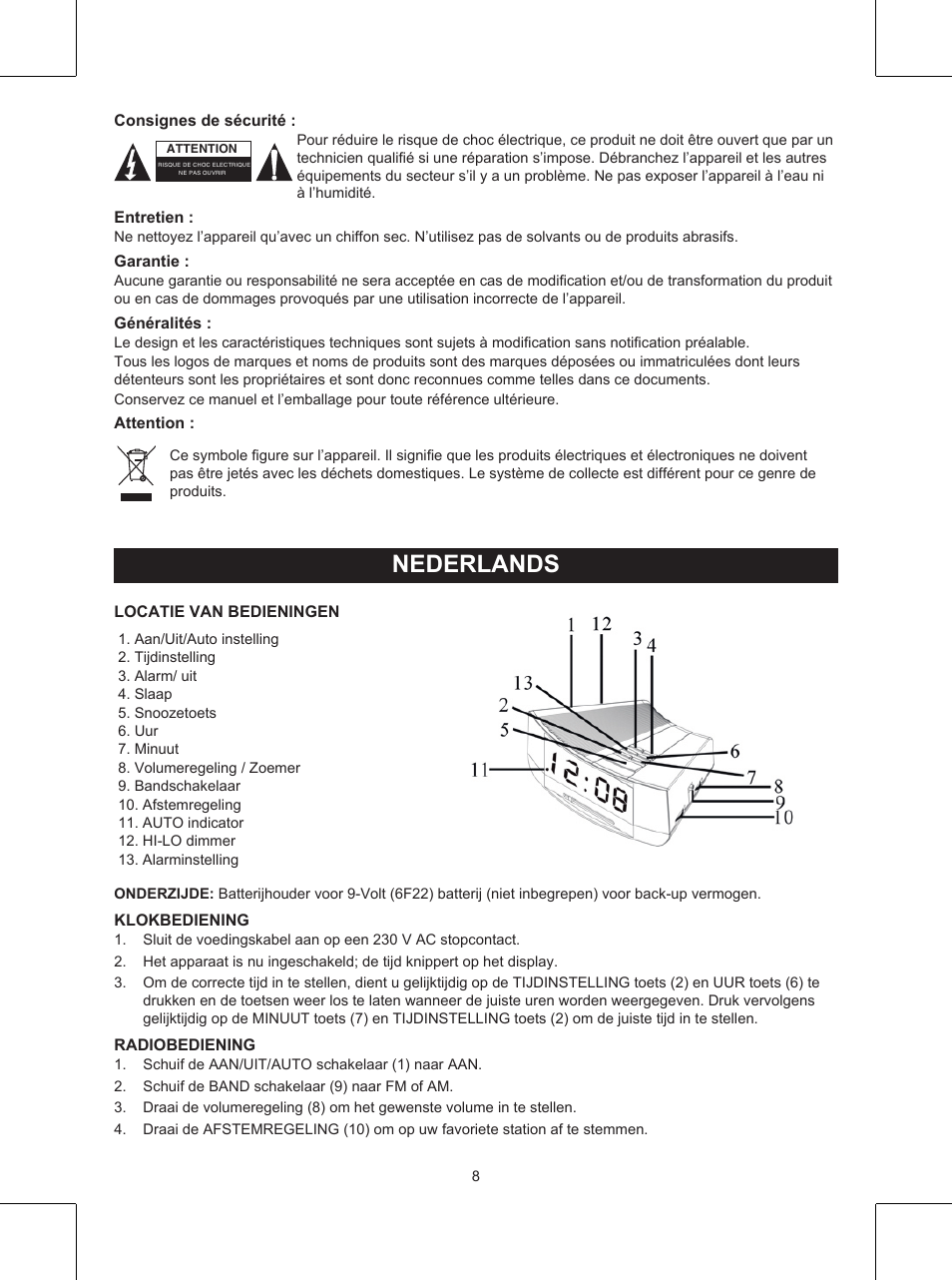 Nederlands, Gebruiksaanwijzing (p. 8), Klokradio | Konig Electronic AM/FM clock radio with white led User Manual | Page 8 / 32