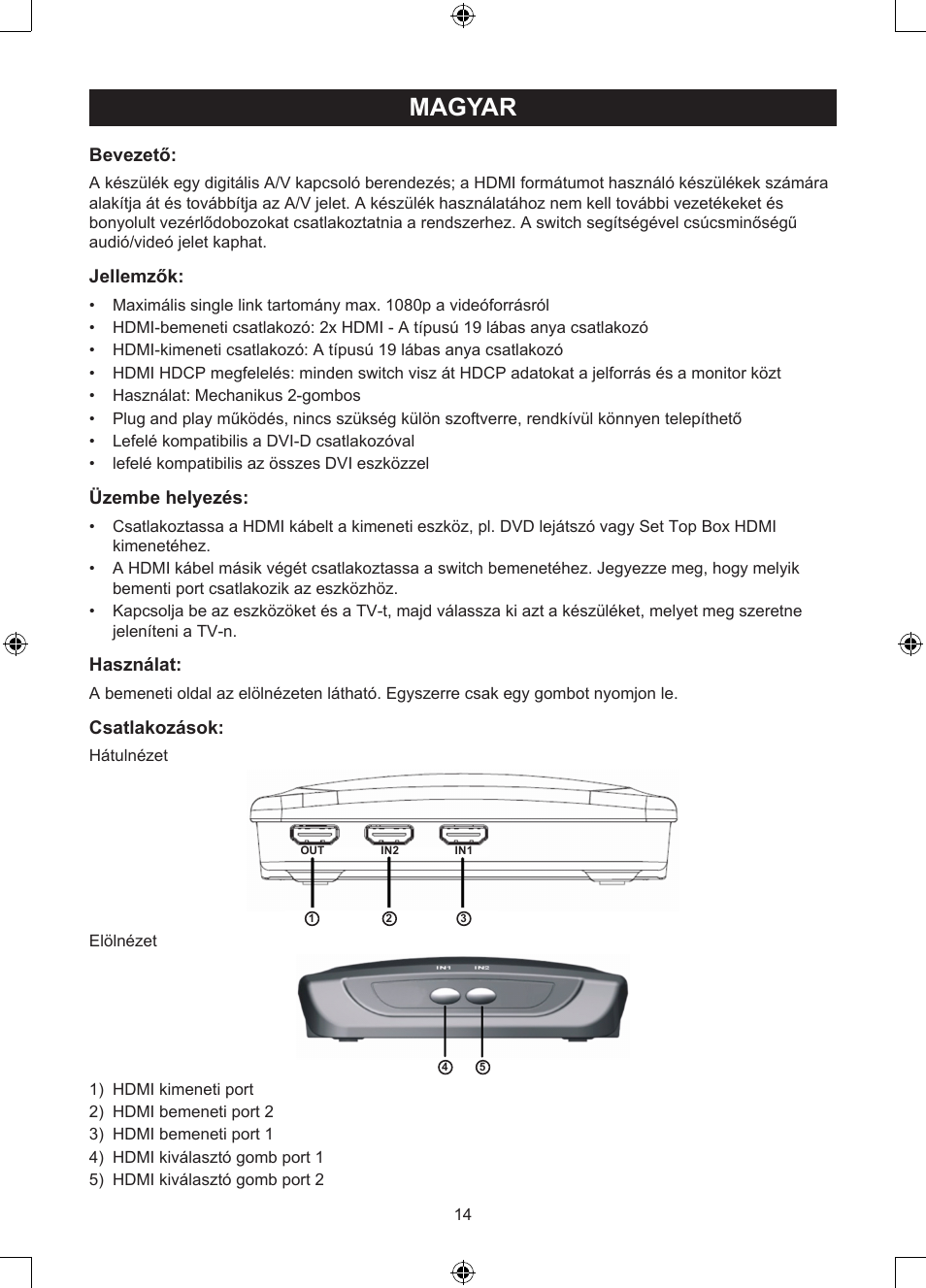 Magyar, Használati útmutató (o. 14.), Portos manuális hdmi switch | Bevezető, Jellemzők, Üzembe helyezés, Használat, Csatlakozások | Konig Electronic 2 port HDMI switch User Manual | Page 14 / 29