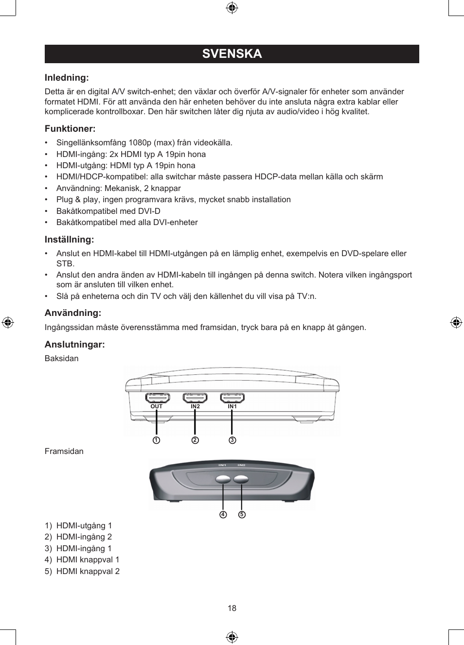 Svenska, Bruksanvisning (s. 18), Portars manuell hdmi-switch | Inledning, Funktioner, Inställning, Användning, Anslutningar | Konig Electronic 2 port HDMI switch User Manual | Page 18 / 29