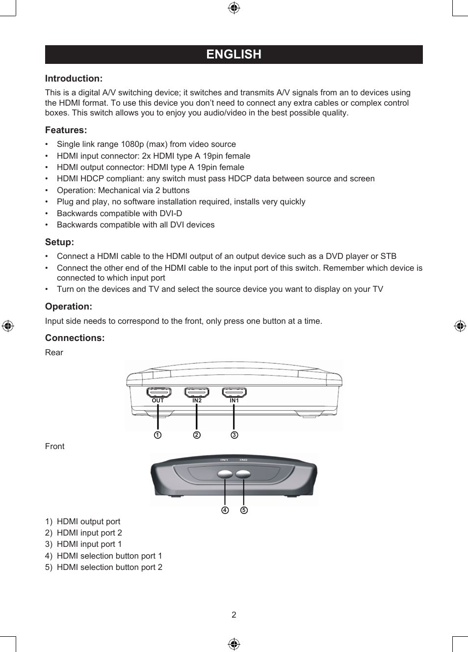 English, Manual (p. 2), Port manual hdmi switch | Introduction, Features, Setup, Operation, Connections | Konig Electronic 2 port HDMI switch User Manual | Page 2 / 29