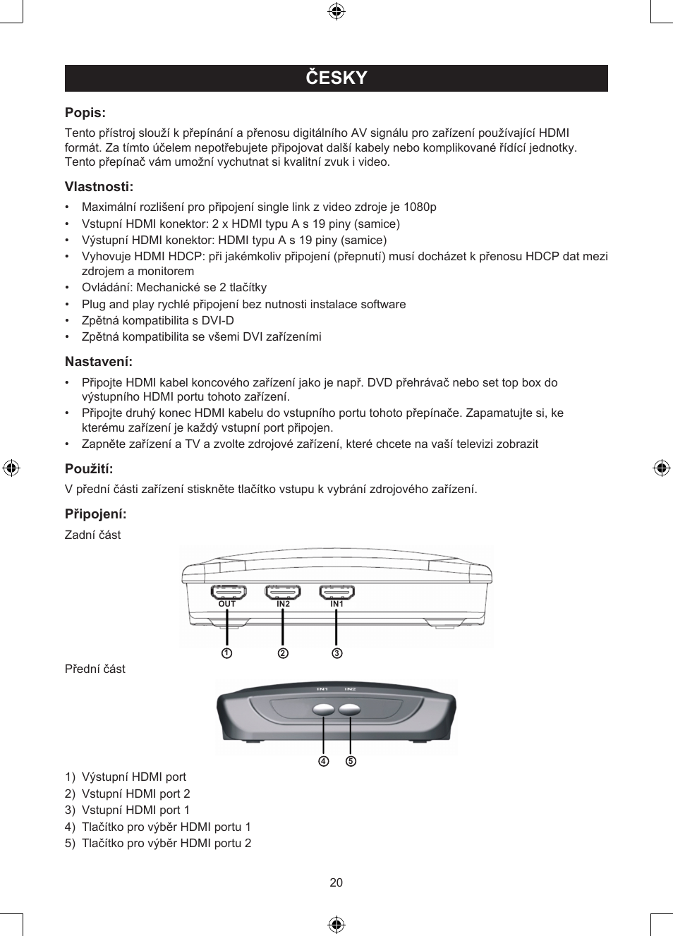 Česky, Návod k použití (s. 20), Manuální hdmi přepínač se 2 porty | Popis, Vlastnosti, Nastavení, Použití, Připojení | Konig Electronic 2 port HDMI switch User Manual | Page 20 / 29