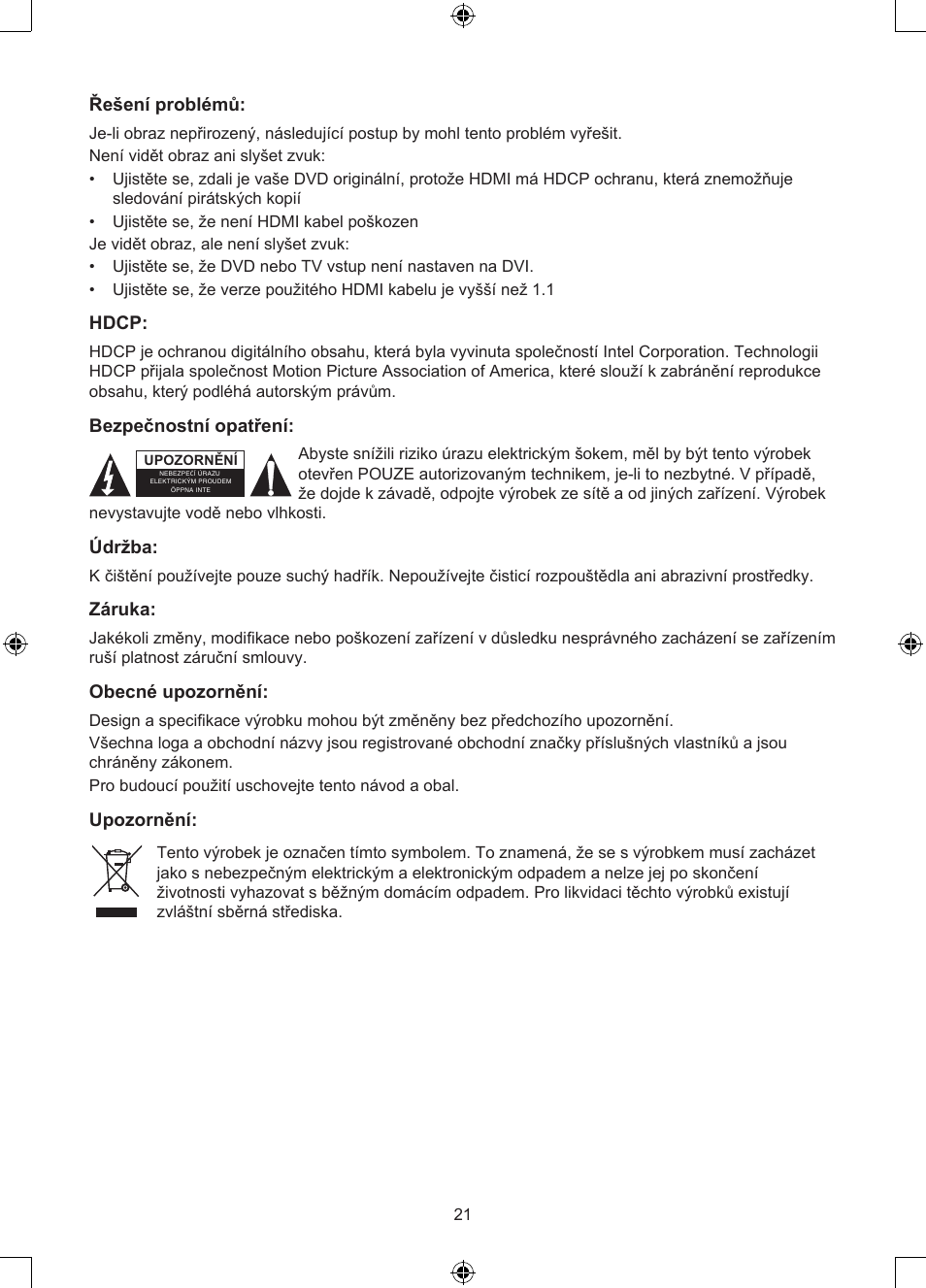 Řešení problémů, Hdcp, Bezpečnostní opatření | Údržba, Záruka, Obecné upozornění, Upozornění | Konig Electronic 2 port HDMI switch User Manual | Page 21 / 29