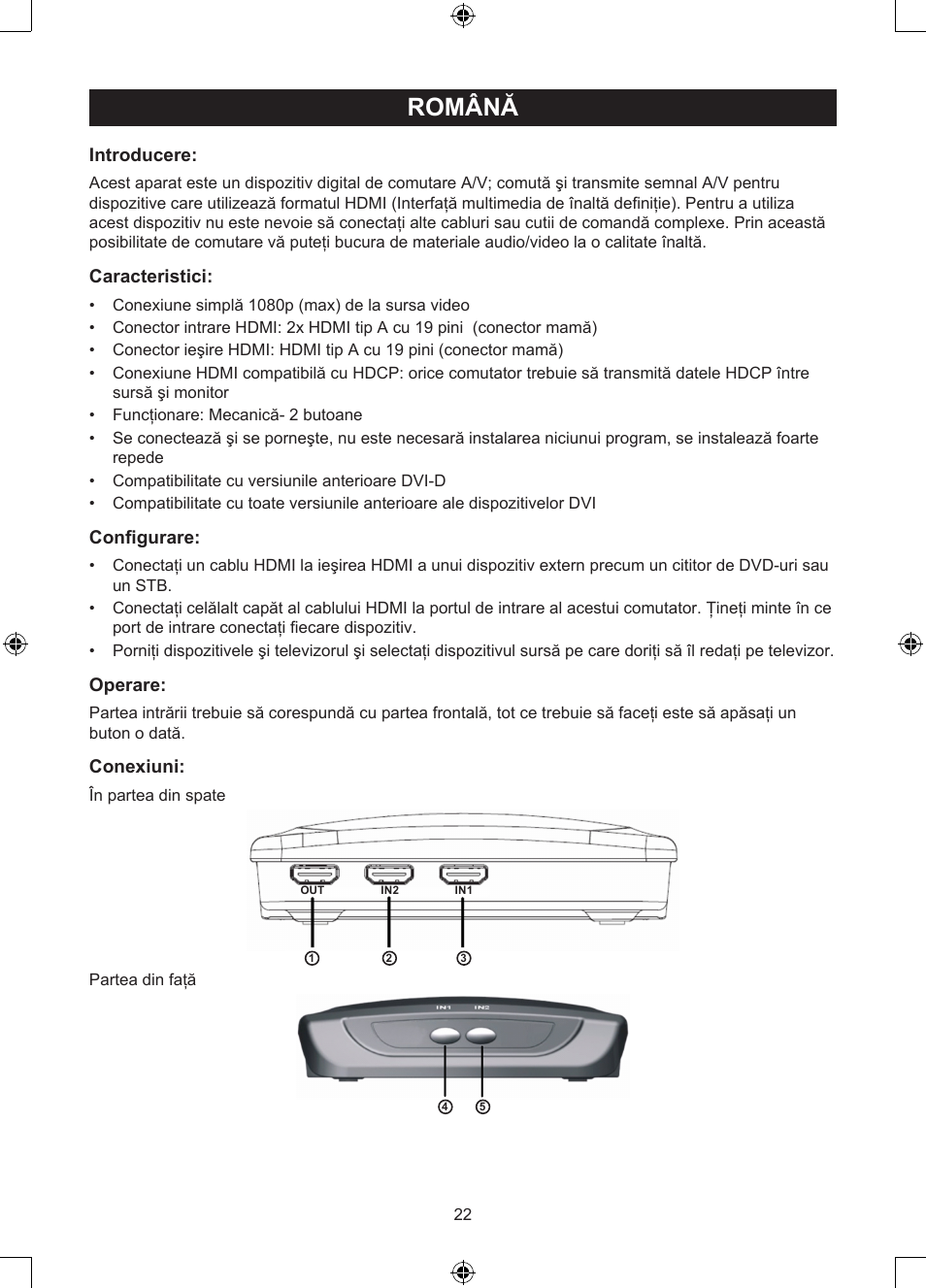 Română, Manual de utilizare (p. 22), Comutator manual hdmi cu 2 porturi | Introducere, Caracteristici, Configurare, Operare, Conexiuni | Konig Electronic 2 port HDMI switch User Manual | Page 22 / 29