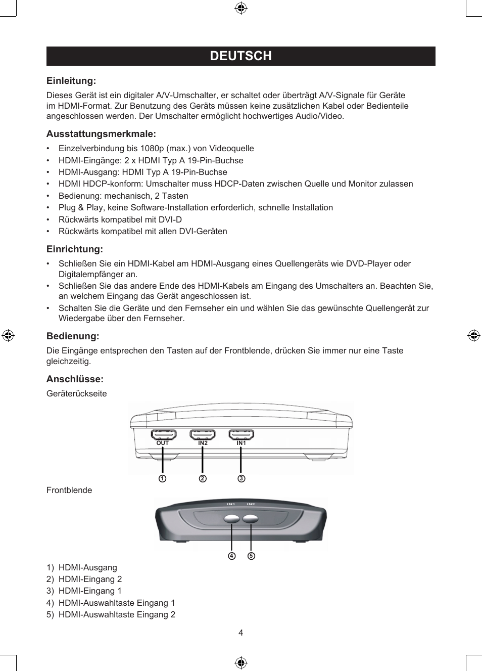 Deutsch, Anleitung (s. 4), Port manueller hdmi-umschalter | Einleitung, Ausstattungsmerkmale, Einrichtung, Bedienung, Anschlüsse | Konig Electronic 2 port HDMI switch User Manual | Page 4 / 29