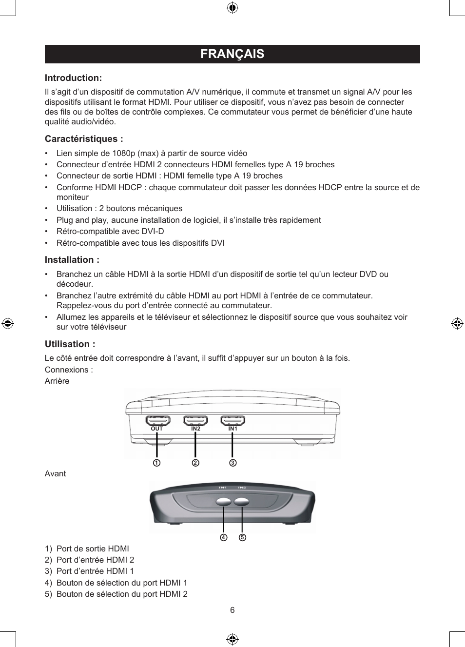 Français, Mode d’emploi (p. 6), Commutateur hdmi 2 ports manuel | Introduction, Caractéristiques, Installation, Utilisation | Konig Electronic 2 port HDMI switch User Manual | Page 6 / 29