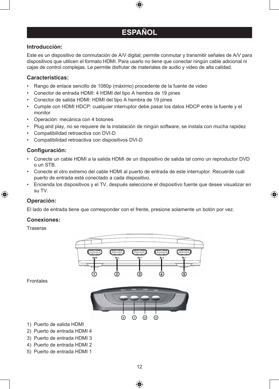 Español, Manual de uso (p. 12), Interruptor manual hdmi de 4 puertos | Konig Electronic 4 port HDMI switch User Manual | Page 12 / 29