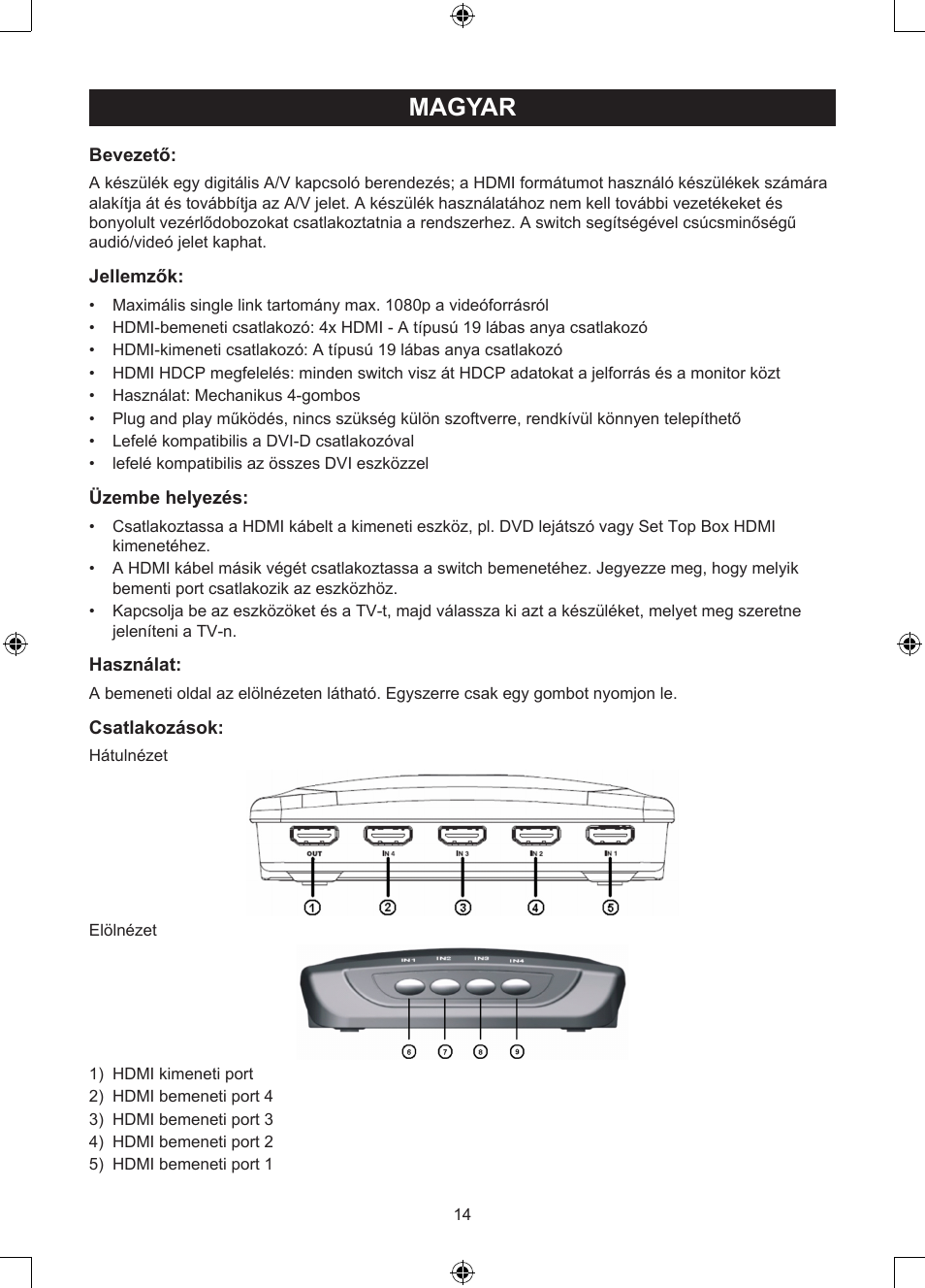 Magyar, Használati útmutató (o. 14.), Portos manuális hdmi switch | Konig Electronic 4 port HDMI switch User Manual | Page 14 / 29