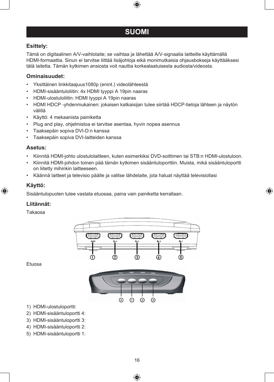 Suomi, Käyttöohje (s. 16), Portin manuaalinen hdmi-kytkin | Konig Electronic 4 port HDMI switch User Manual | Page 16 / 29