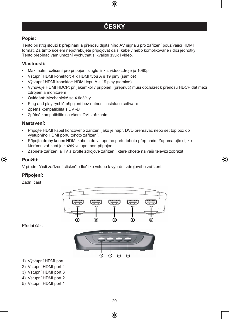 Česky, Návod k použití (s. 20), Manuální hdmi přepínač se 4 porty | Konig Electronic 4 port HDMI switch User Manual | Page 20 / 29