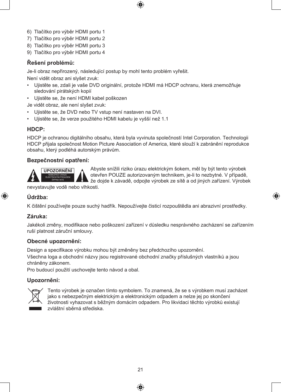Řešení problémů, Hdcp, Bezpečnostní opatření | Údržba, Záruka, Obecné upozornění, Upozornění | Konig Electronic 4 port HDMI switch User Manual | Page 21 / 29