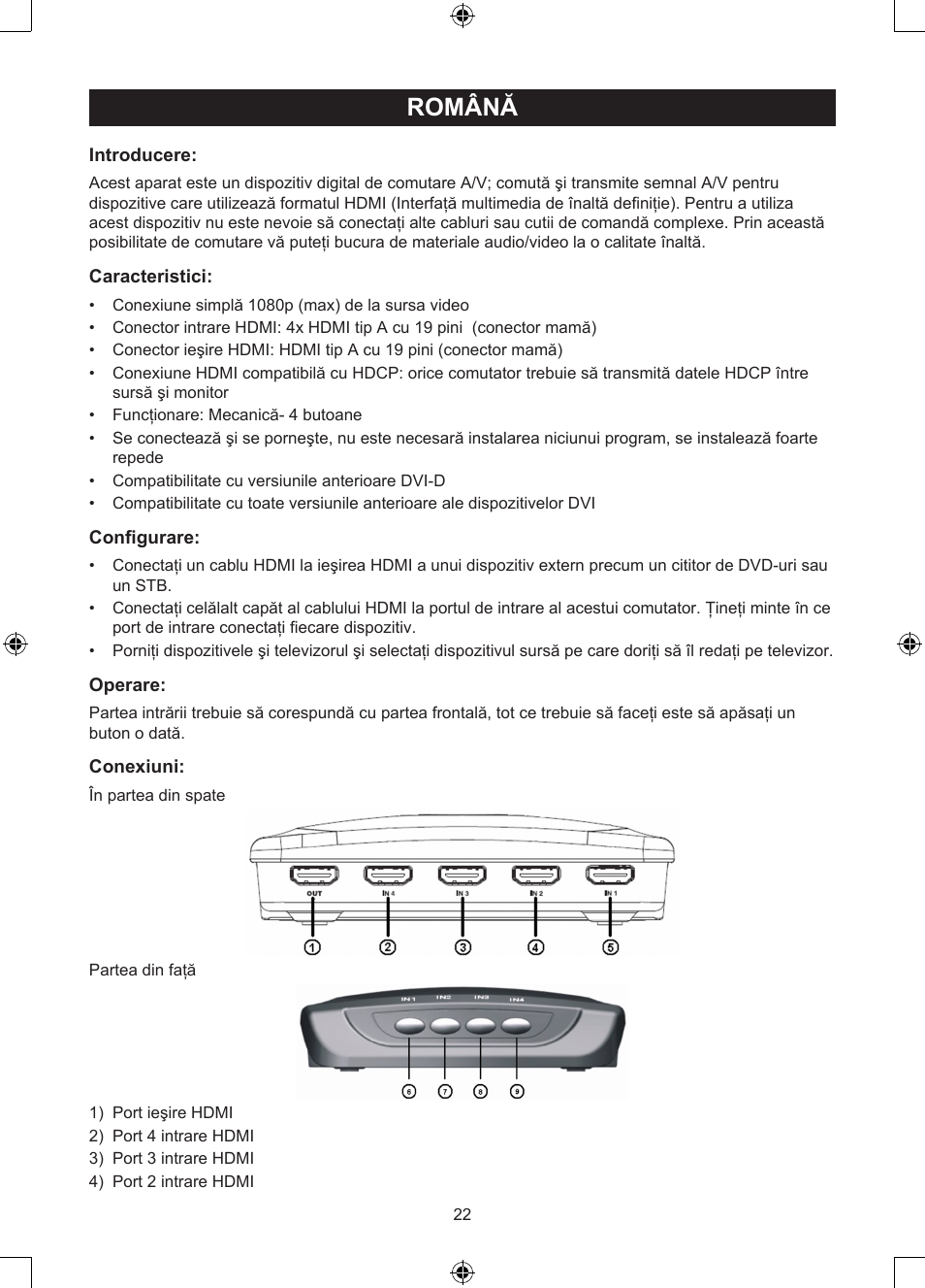 Română, Manual de utilizare (p. 22), Comutator manual hdmi cu 4 porturi | Konig Electronic 4 port HDMI switch User Manual | Page 22 / 29