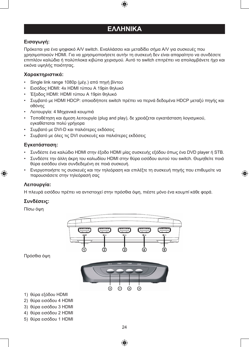 Ελληνικa, Εγχειριδιο xphσhσ (σελ. 24), Χειροκίνητο hdmi switch 4 θυρών | Konig Electronic 4 port HDMI switch User Manual | Page 24 / 29