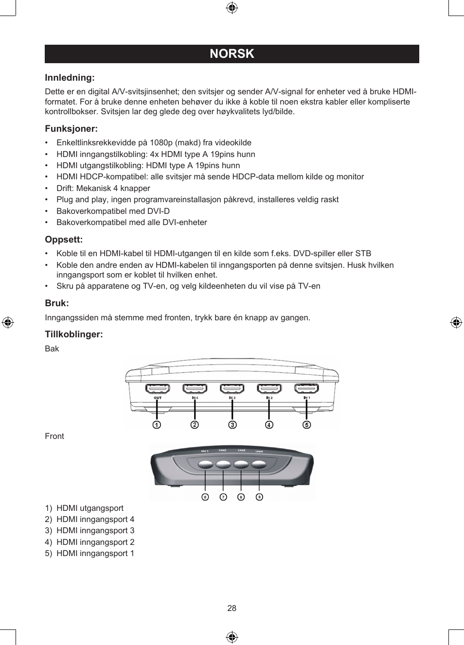 Norsk, Veiledning (p. 28), Ports manuell hdmi-svitsj | Konig Electronic 4 port HDMI switch User Manual | Page 28 / 29