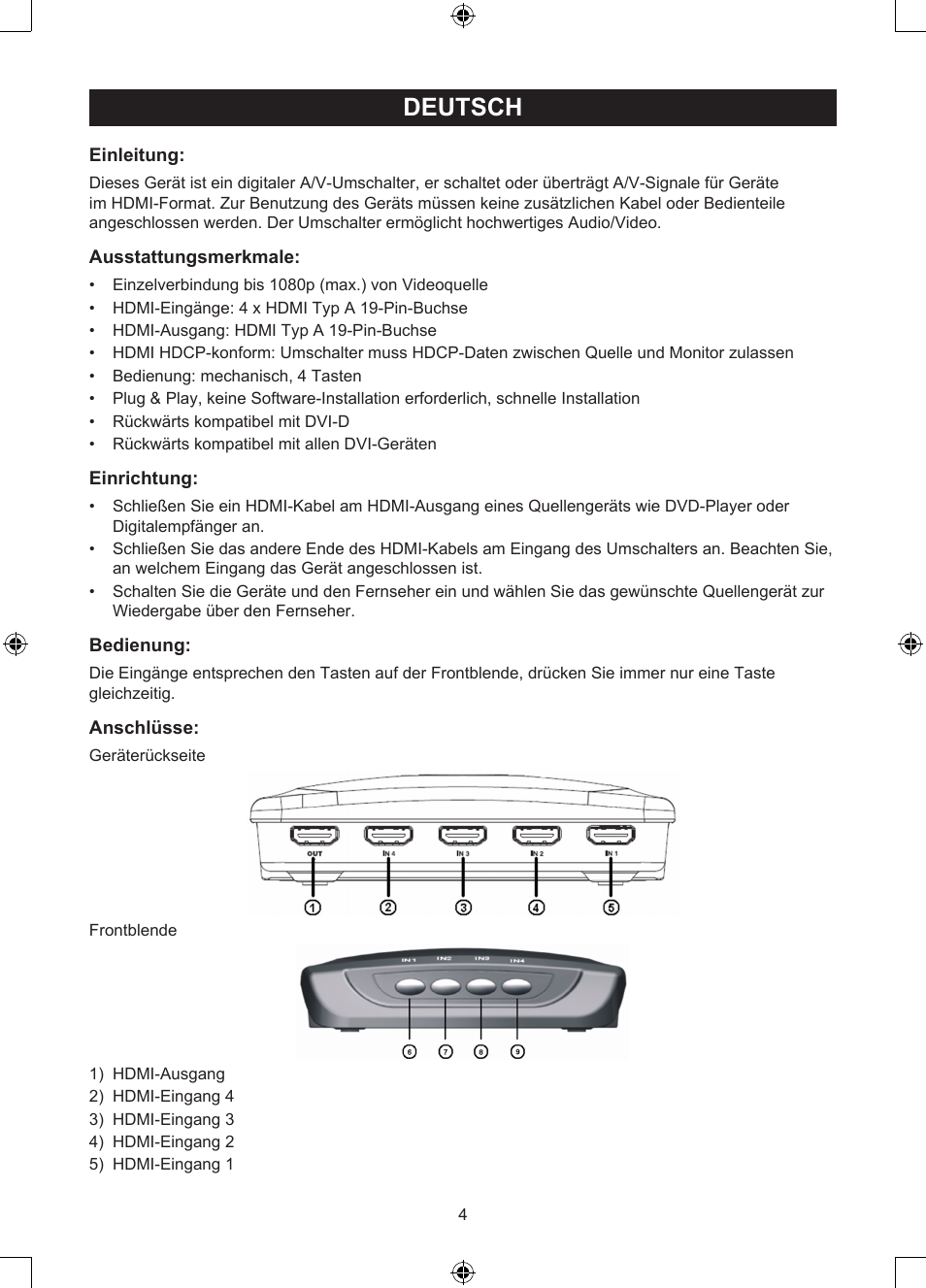 Deutsch, Anleitung (s. 4), Port manueller hdmi-umschalter | Konig Electronic 4 port HDMI switch User Manual | Page 4 / 29