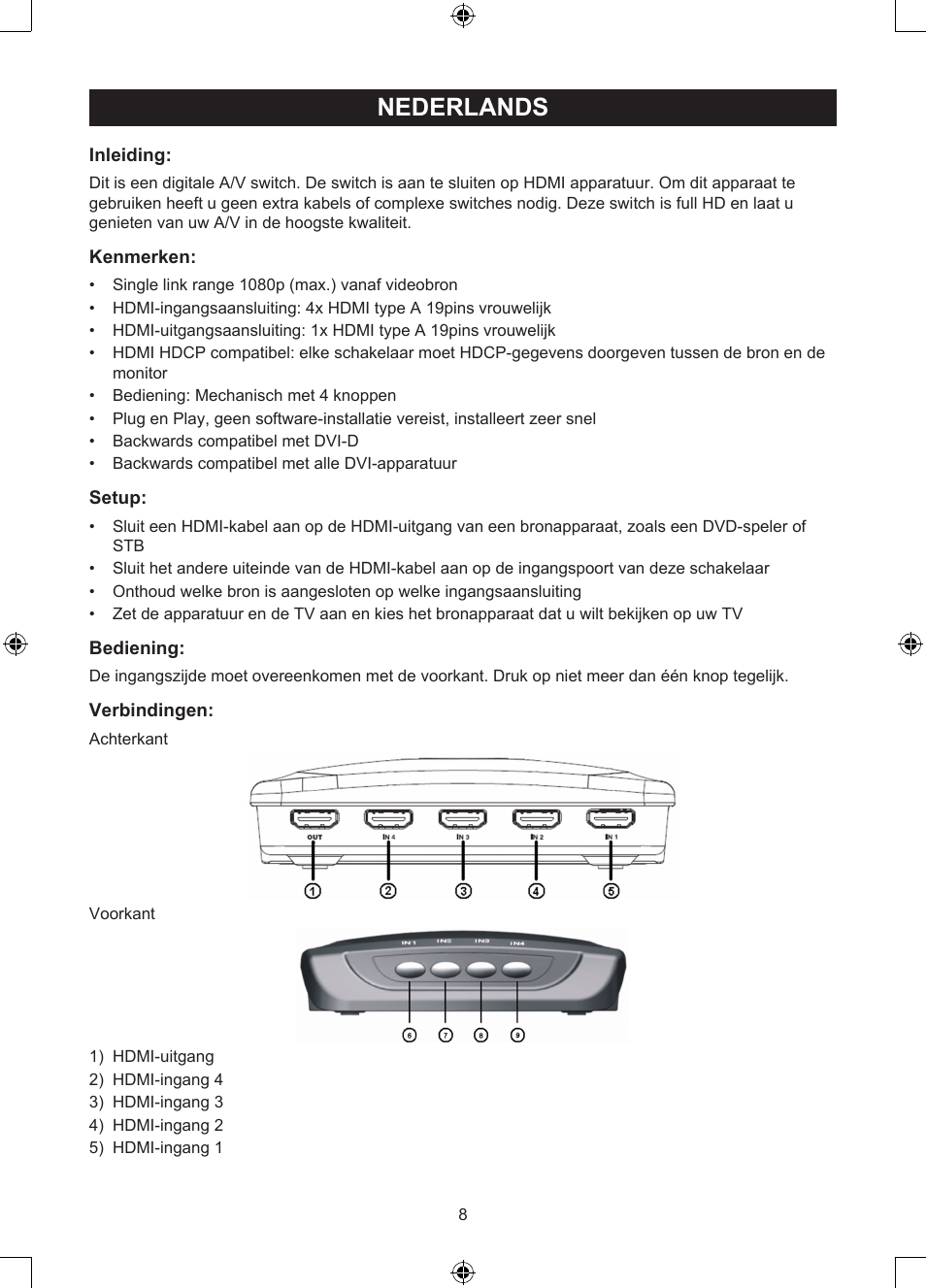 Nederlands, Gebruiksaanwijzing (p. 8), Poorts handmatige hdmi-switch | Konig Electronic 4 port HDMI switch User Manual | Page 8 / 29