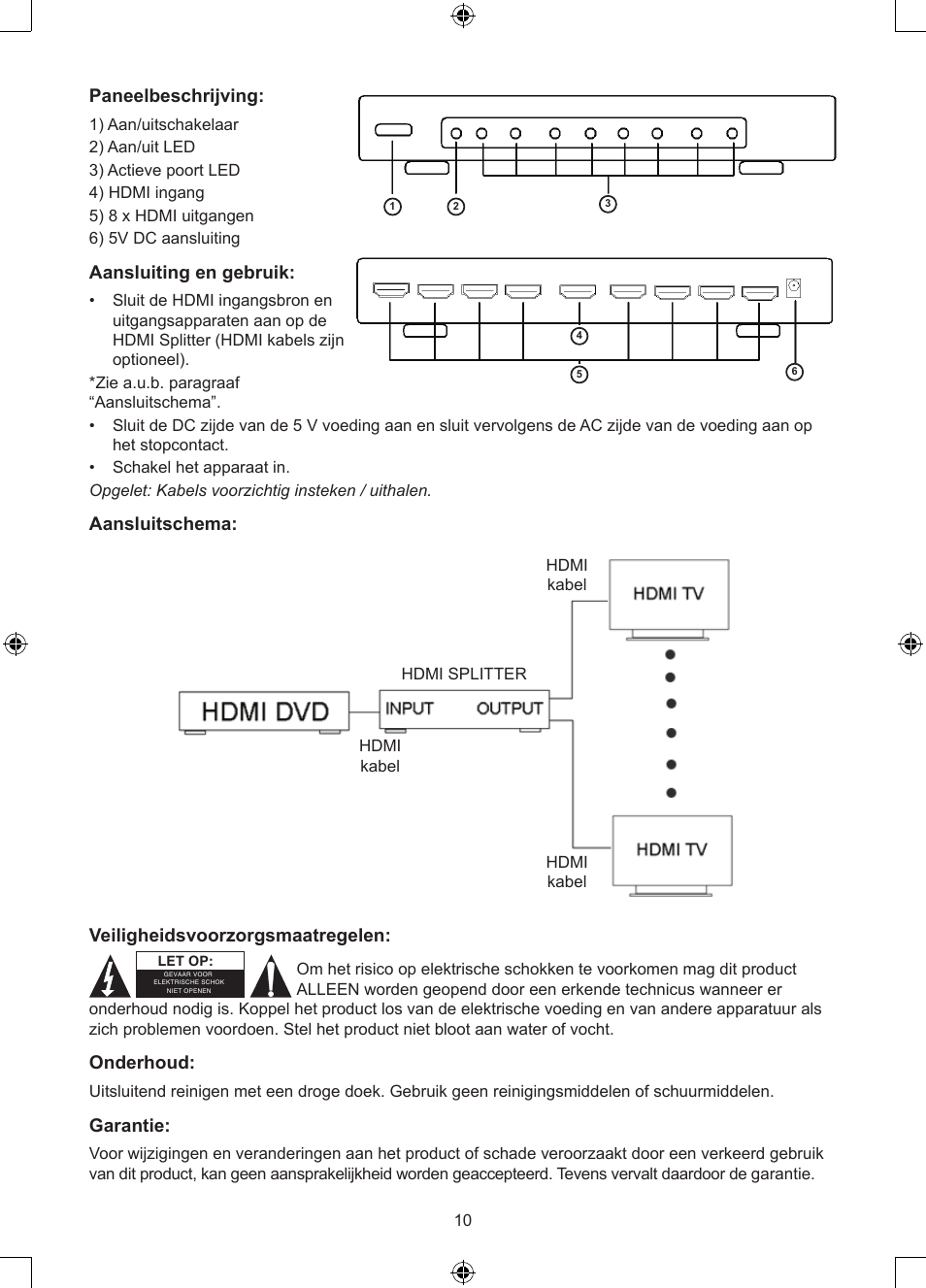 Paneelbeschrijving, Aansluiting en gebruik, Aansluitschema | Veiligheidsvoorzorgsmaatregelen, Onderhoud, Garantie | Konig Electronic 8 port HDMI splitter User Manual | Page 10 / 31