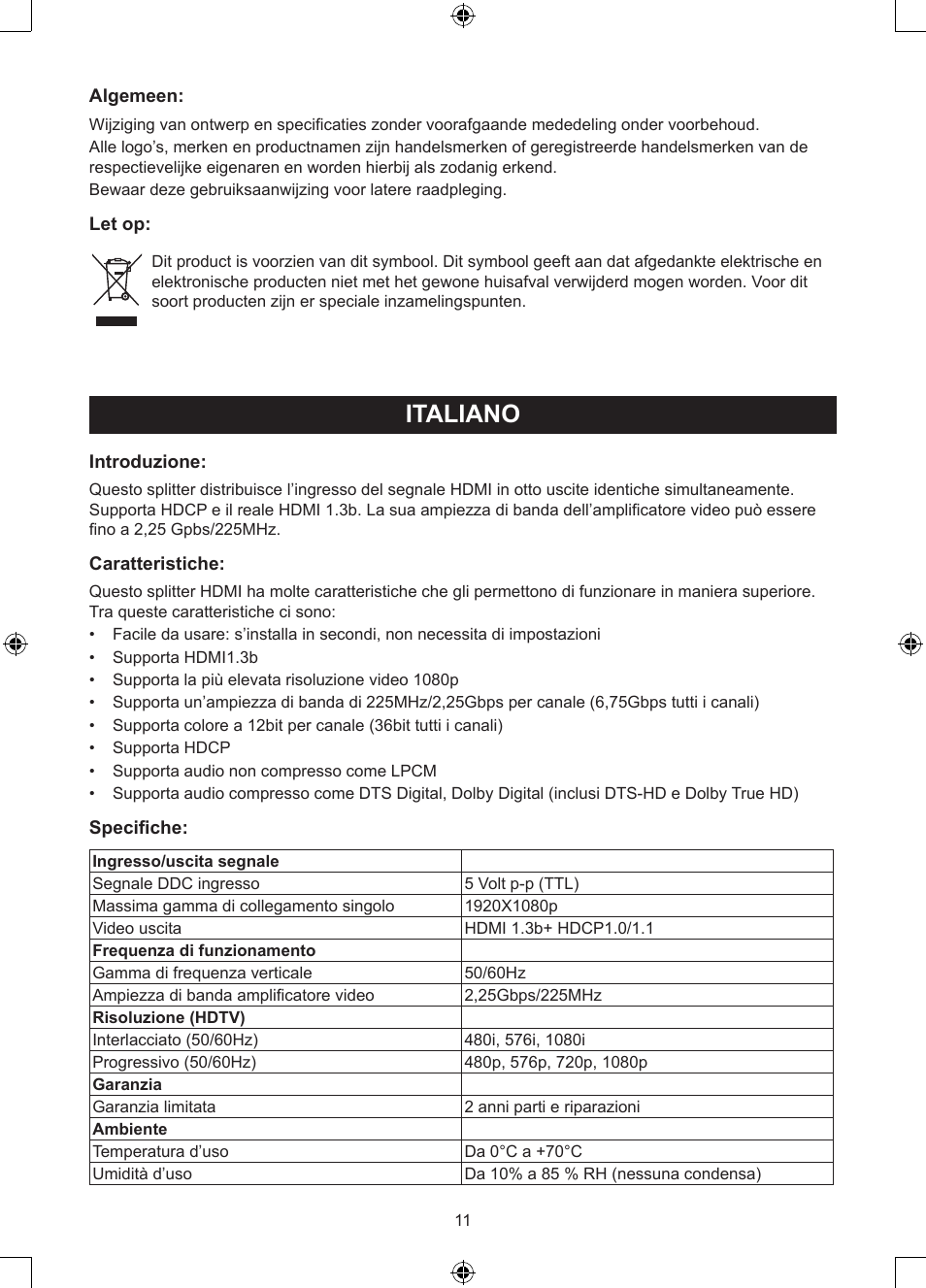 Italiano, Manuale (p. 11), Splitter hdmi a 8 porte | Konig Electronic 8 port HDMI splitter User Manual | Page 11 / 31