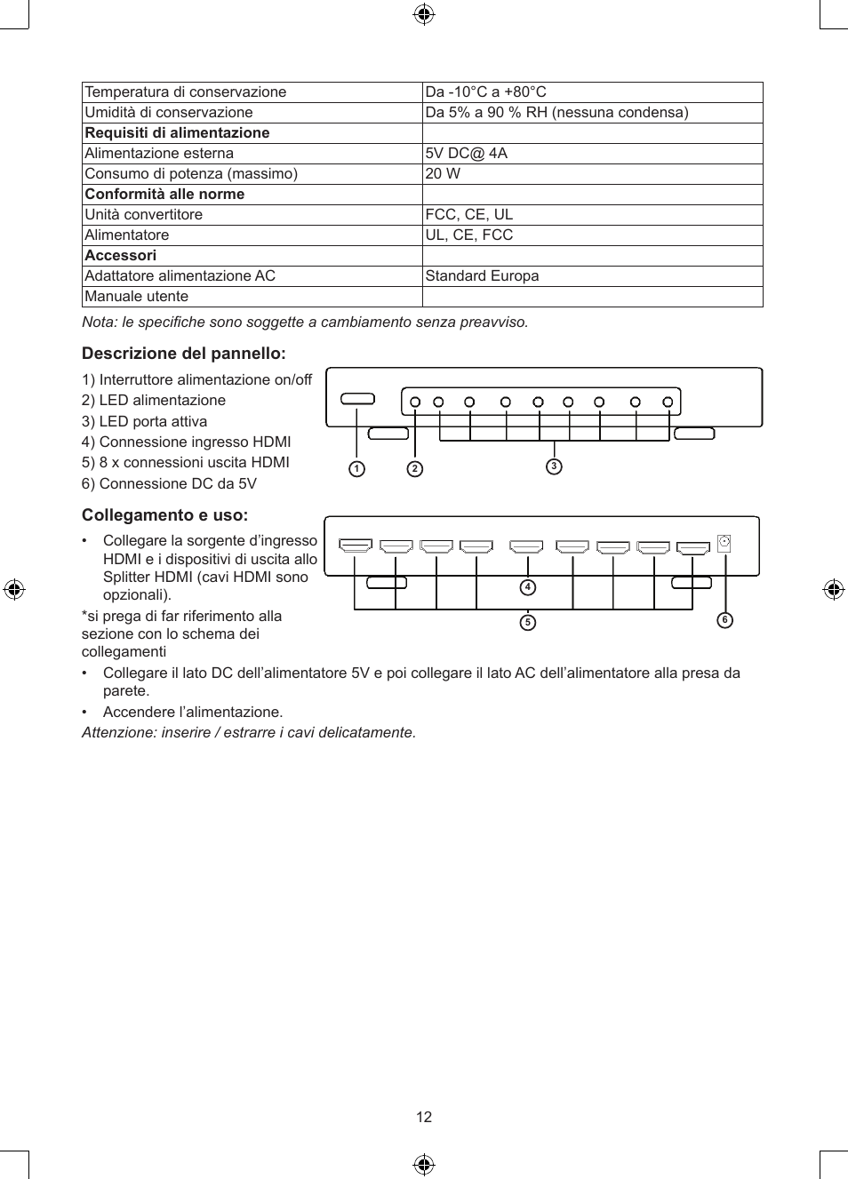 Descrizione del pannello, Collegamento e uso | Konig Electronic 8 port HDMI splitter User Manual | Page 12 / 31