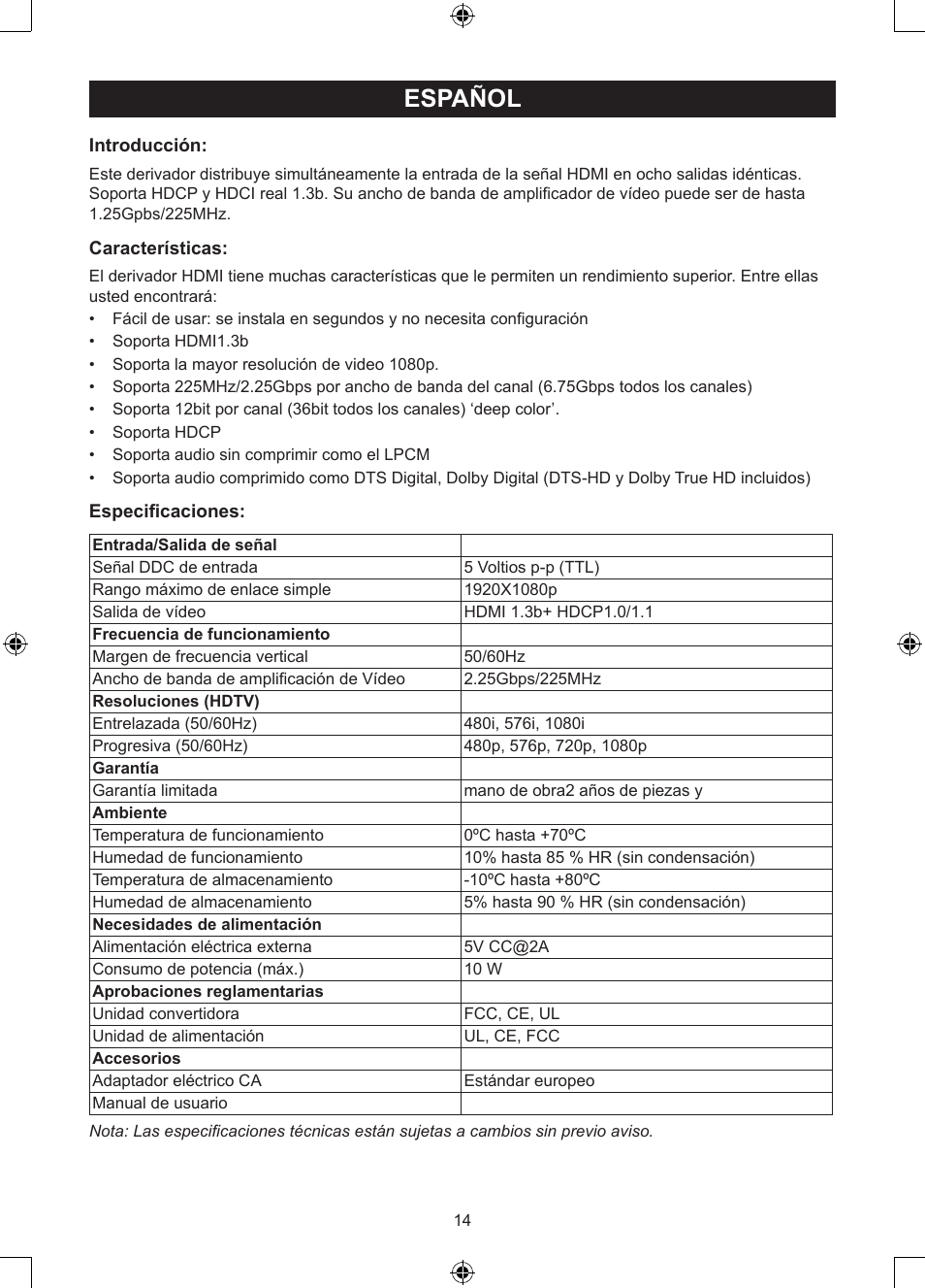 Español, Manual de uso (p. 14), Derivador hdmi de 8 puertos | Konig Electronic 8 port HDMI splitter User Manual | Page 14 / 31