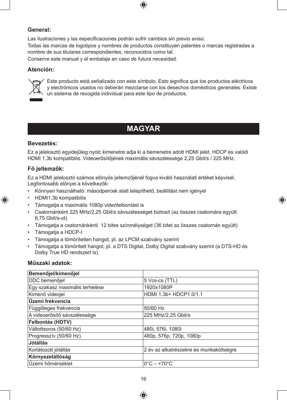 Magyar, Használati útmutató (o. 16.), 8 utas hdmi jelelosztó (splitter) | Konig Electronic 8 port HDMI splitter User Manual | Page 16 / 31