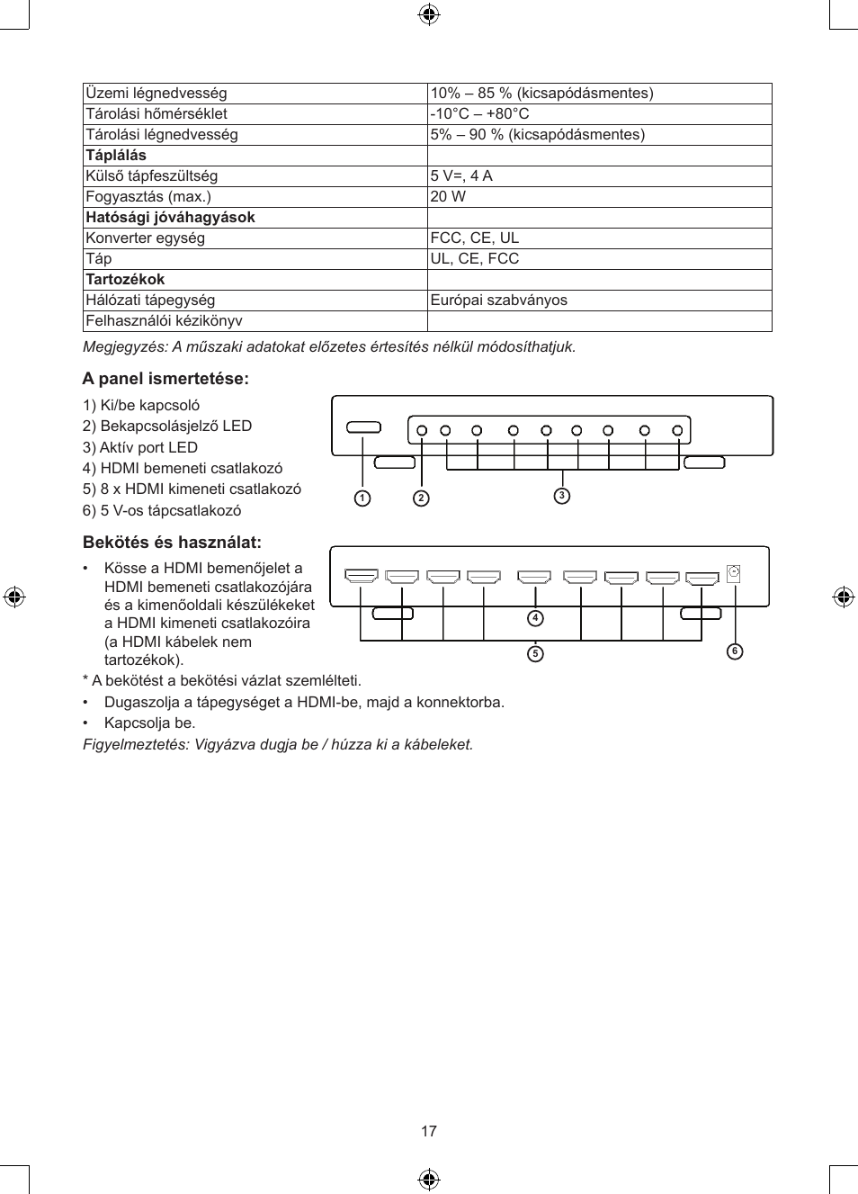 A panel ismertetése, Bekötés és használat | Konig Electronic 8 port HDMI splitter User Manual | Page 17 / 31