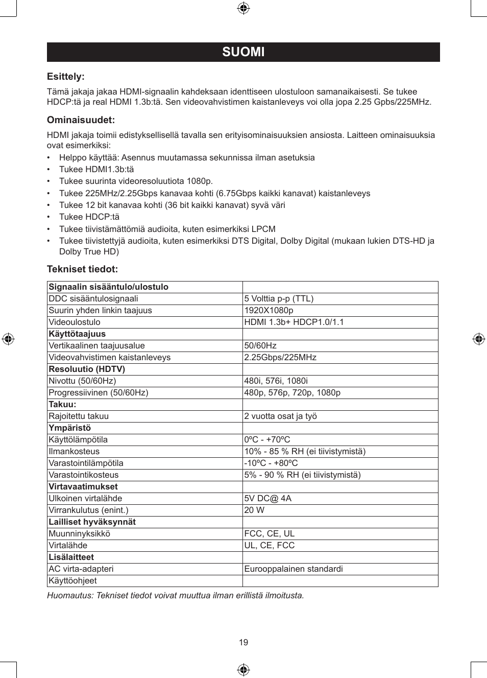 Suomi, Käyttöohje (s. 19), 8 portin hdmi jakaja | Konig Electronic 8 port HDMI splitter User Manual | Page 19 / 31