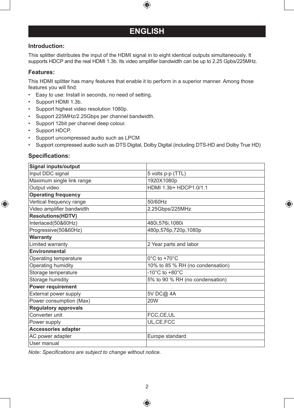 English, Manual (p. 2), 8 port hdmi splitter | Konig Electronic 8 port HDMI splitter User Manual | Page 2 / 31