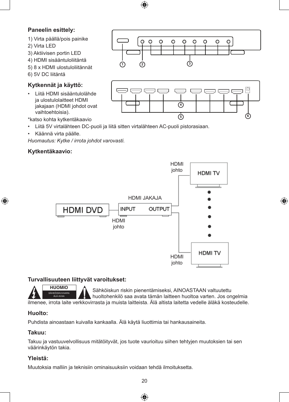 Paneelin esittely, Kytkennät ja käyttö, Kytkentäkaavio | Turvallisuuteen liittyvät varoitukset, Huolto, Takuu, Yleistä | Konig Electronic 8 port HDMI splitter User Manual | Page 20 / 31