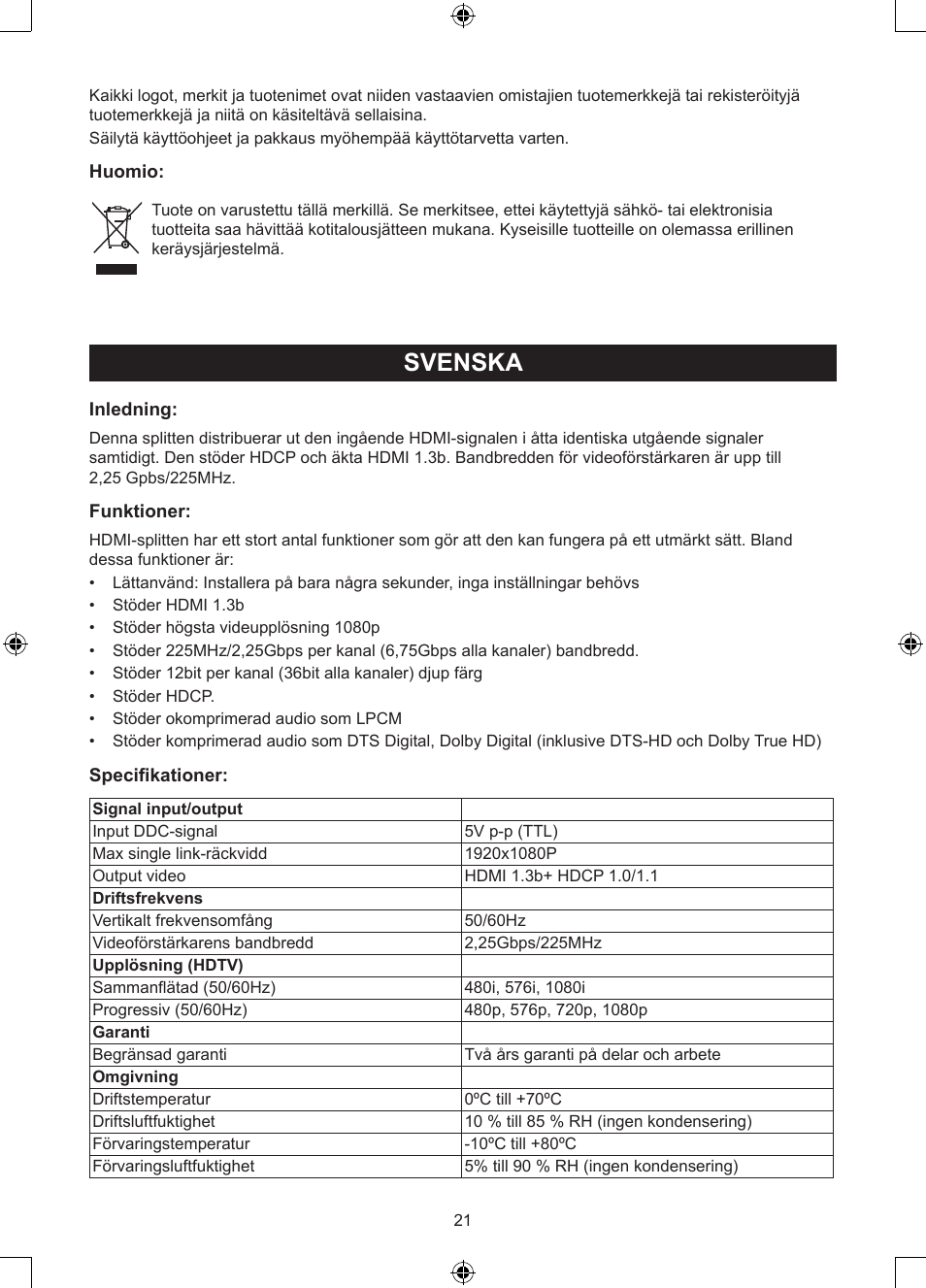 Svenska, Bruksanvisning (s. 21), Ports hdmi-splitt | Konig Electronic 8 port HDMI splitter User Manual | Page 21 / 31