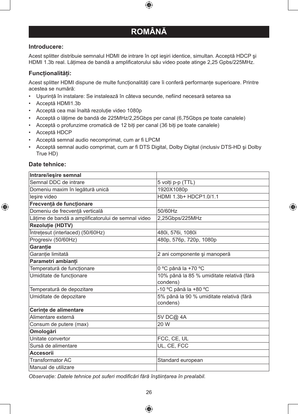 Română, Manual de utilizare (p. 26), Splitter hdmi cu 8 porturi | Konig Electronic 8 port HDMI splitter User Manual | Page 26 / 31