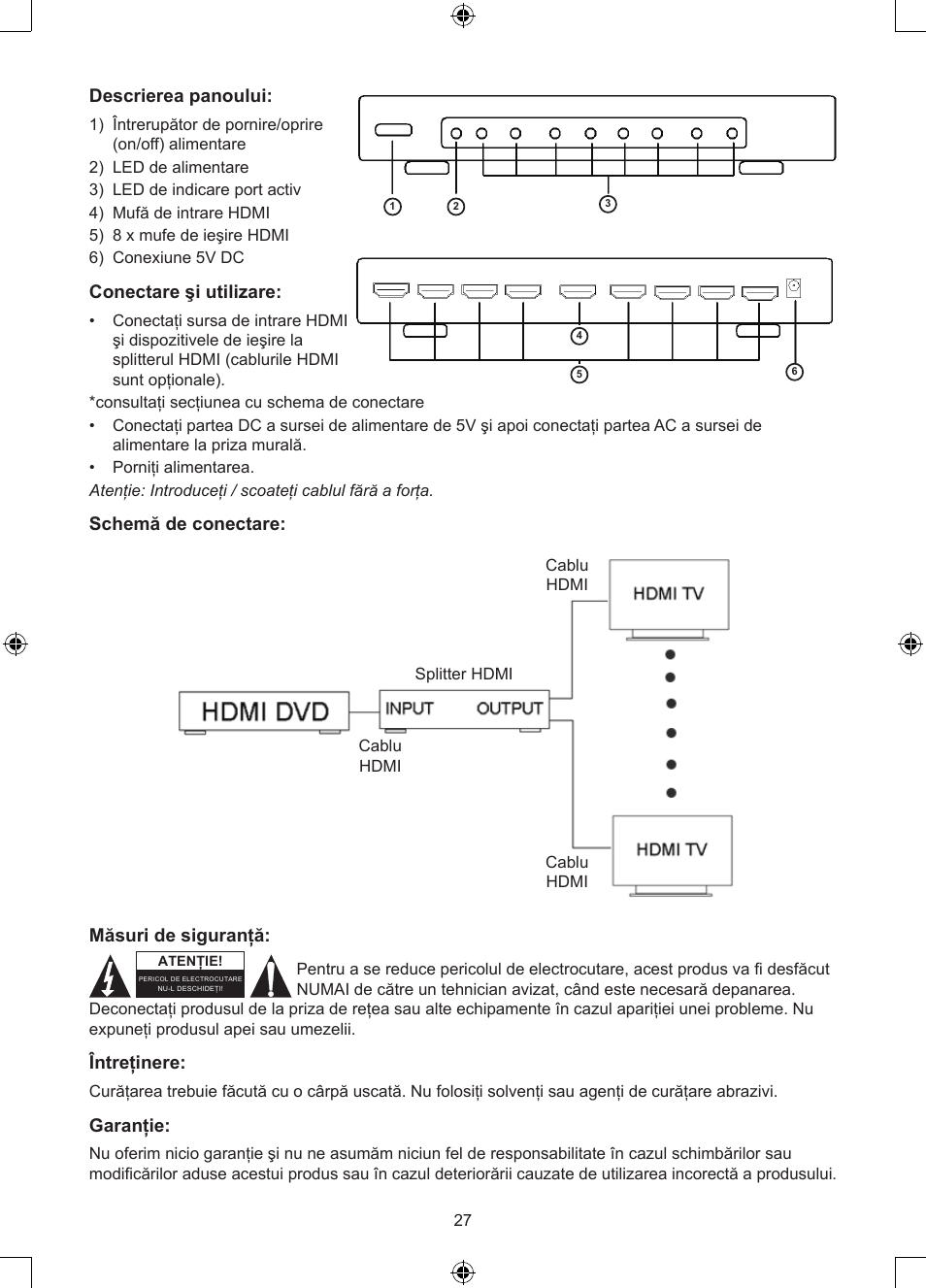 Descrierea panoului, Conectare şi utilizare, Schemă de conectare | Măsuri de siguranţă, Întreţinere, Garanţie | Konig Electronic 8 port HDMI splitter User Manual | Page 27 / 31