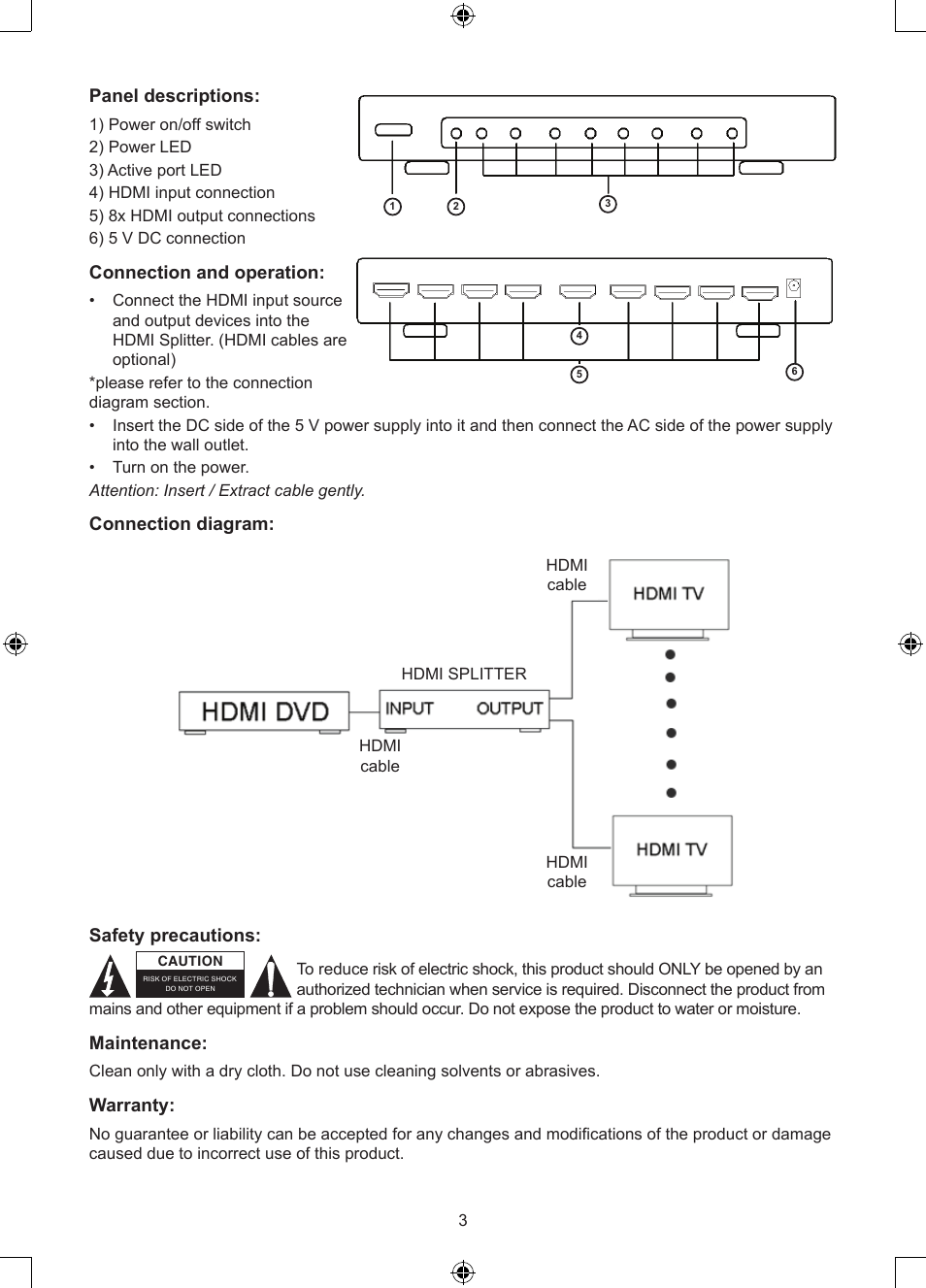 Panel descriptions, Connection and operation, Connection diagram | Safety precautions, Maintenance, Warranty | Konig Electronic 8 port HDMI splitter User Manual | Page 3 / 31