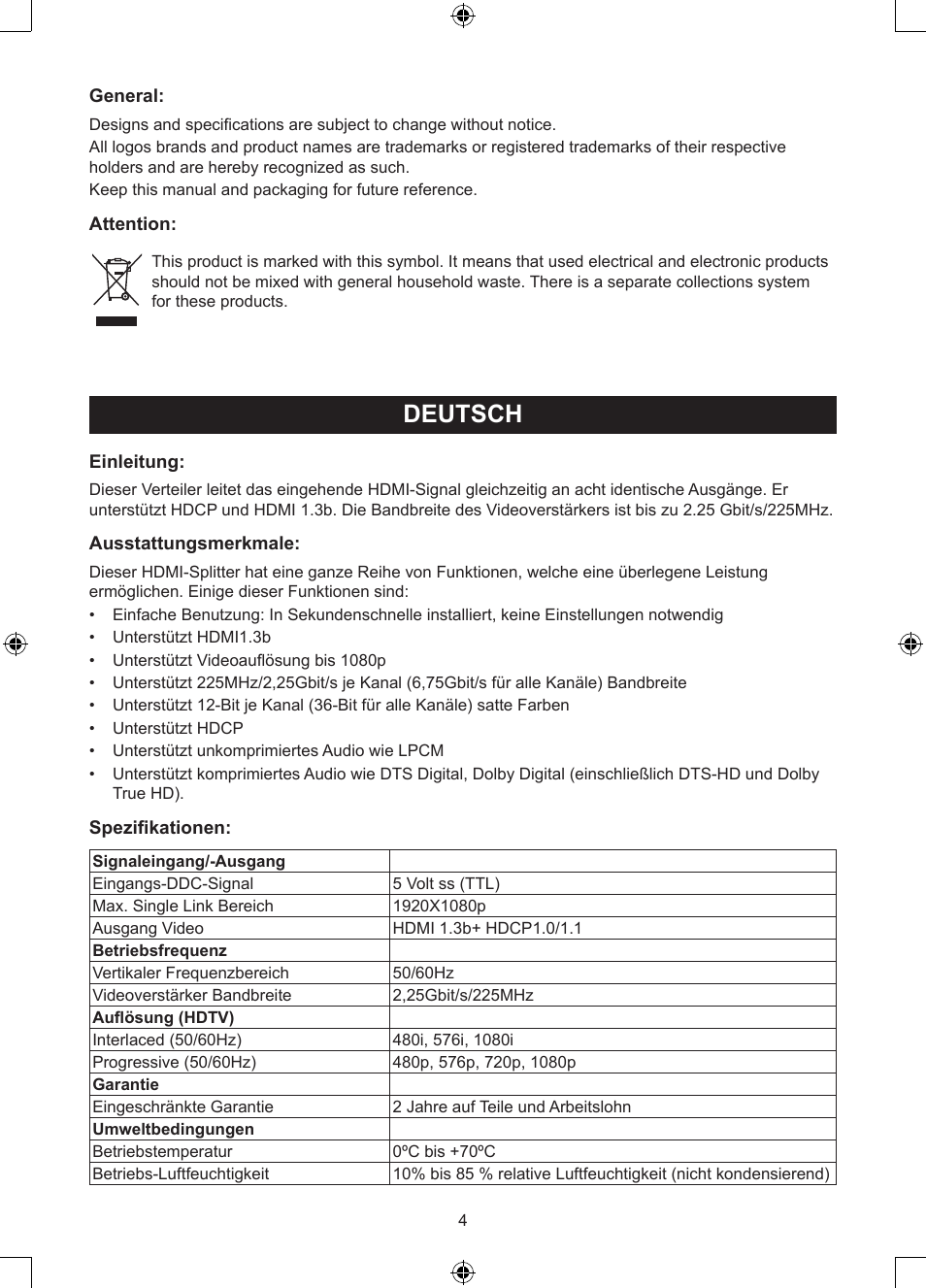 Deutsch, Anleitung (s. 4), Port hdmi-splitter | Konig Electronic 8 port HDMI splitter User Manual | Page 4 / 31