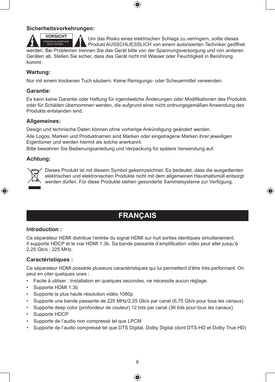 Français, Mode d’emploi (p. 6), Séparateur hdmi à 8 voies | Konig Electronic 8 port HDMI splitter User Manual | Page 6 / 31