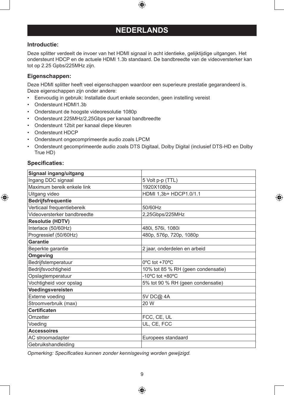 Nederlands, Gebruiksaanwijzing (p. 9), 8 poort hdmi splitter | Konig Electronic 8 port HDMI splitter User Manual | Page 9 / 31