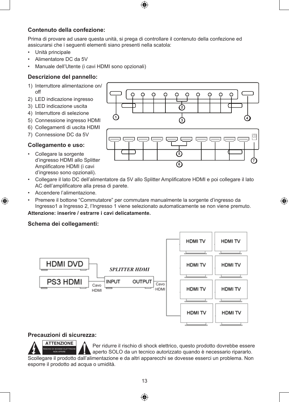 Contenuto della confezione, Descrizione del pannello, Collegamento e uso | Schema dei collegamenti, Precauzioni di sicurezza | Konig Electronic 2 - 8 port HDMI splitter User Manual | Page 13 / 32