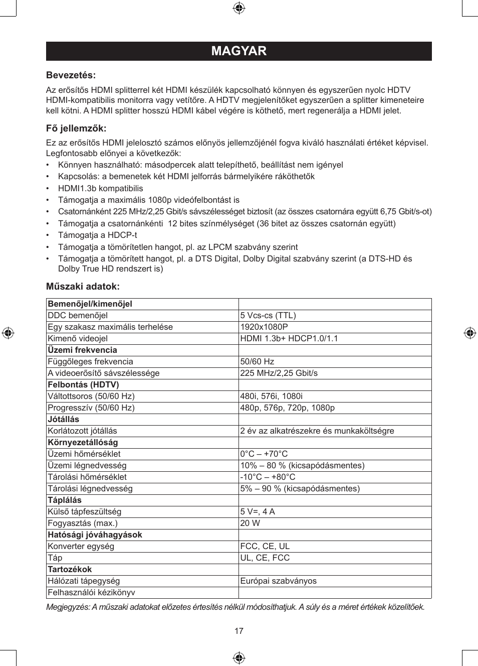 Magyar, Használati útmutató (o. 17.), 2 x 8 portos erősítős hdmi jelelosztó (splitter) | Konig Electronic 2 - 8 port HDMI splitter User Manual | Page 17 / 32