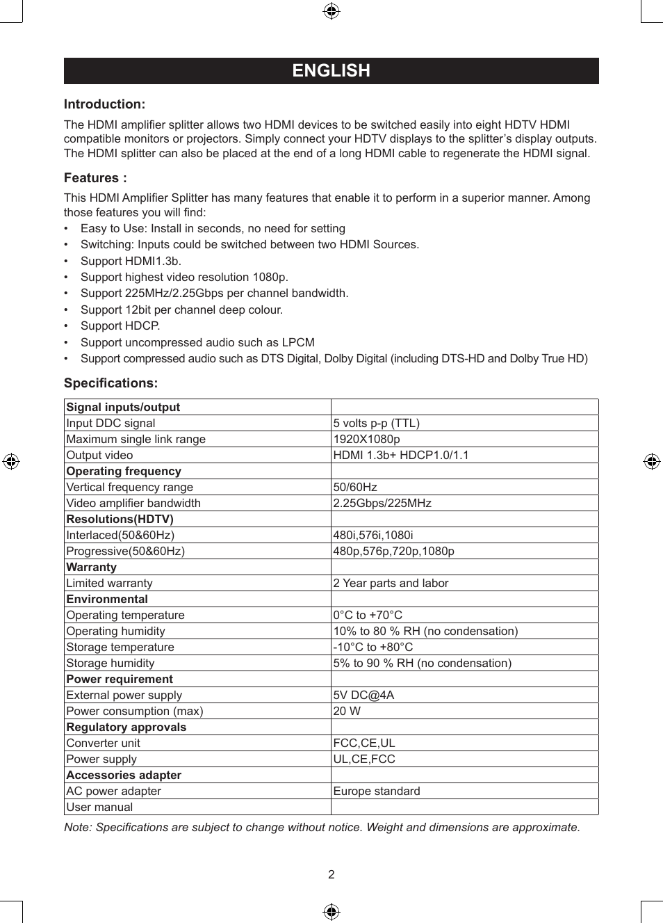 English, Manual (p. 2), 2 to 8 port hdmi splitter | Konig Electronic 2 - 8 port HDMI splitter User Manual | Page 2 / 32