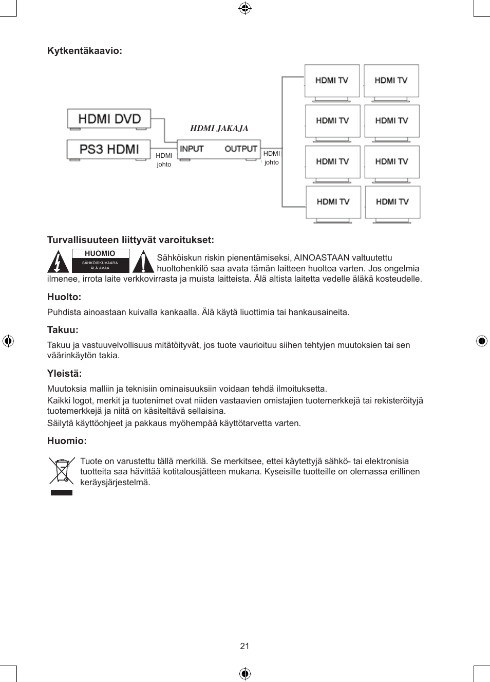 Kytkentäkaavio, Turvallisuuteen liittyvät varoitukset, Huolto | Takuu, Yleistä, Huomio | Konig Electronic 2 - 8 port HDMI splitter User Manual | Page 21 / 32
