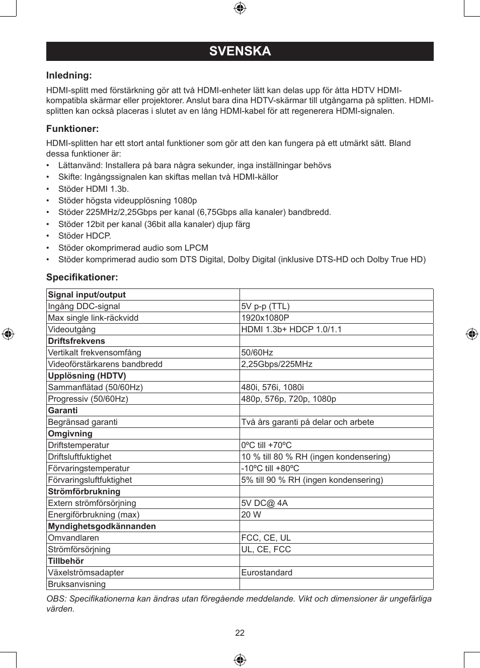 Svenska, Bruksanvisning (s. 22), 2 till 8-ports hdmi-splitt | Konig Electronic 2 - 8 port HDMI splitter User Manual | Page 22 / 32