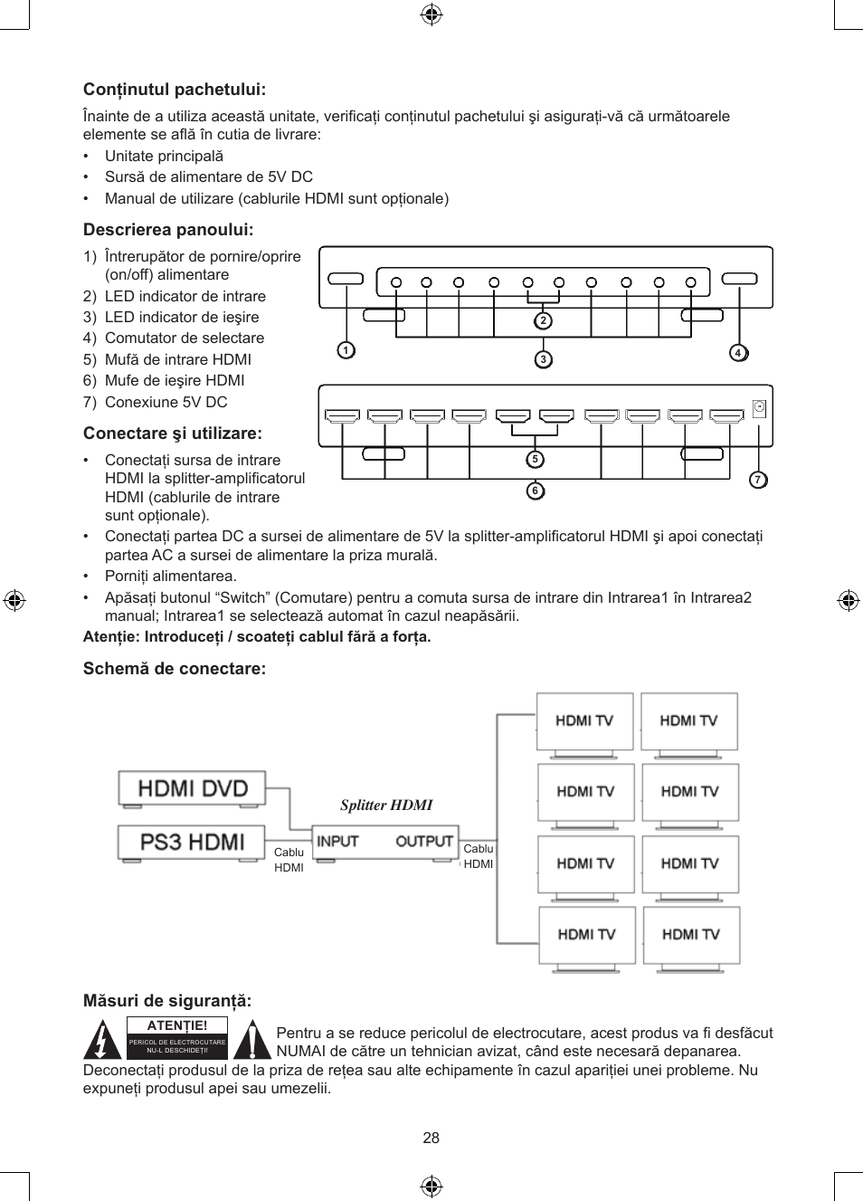 Conţinutul pachetului, Descrierea panoului, Conectare şi utilizare | Schemă de conectare, Măsuri de siguranţă | Konig Electronic 2 - 8 port HDMI splitter User Manual | Page 28 / 32