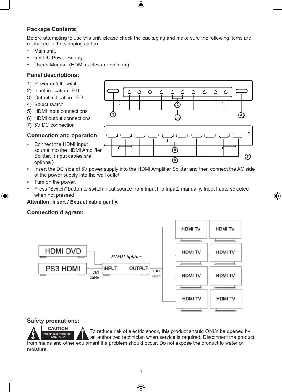 Package contents, Panel descriptions, Connection and operation | Connection diagram, Safety precautions | Konig Electronic 2 - 8 port HDMI splitter User Manual | Page 3 / 32