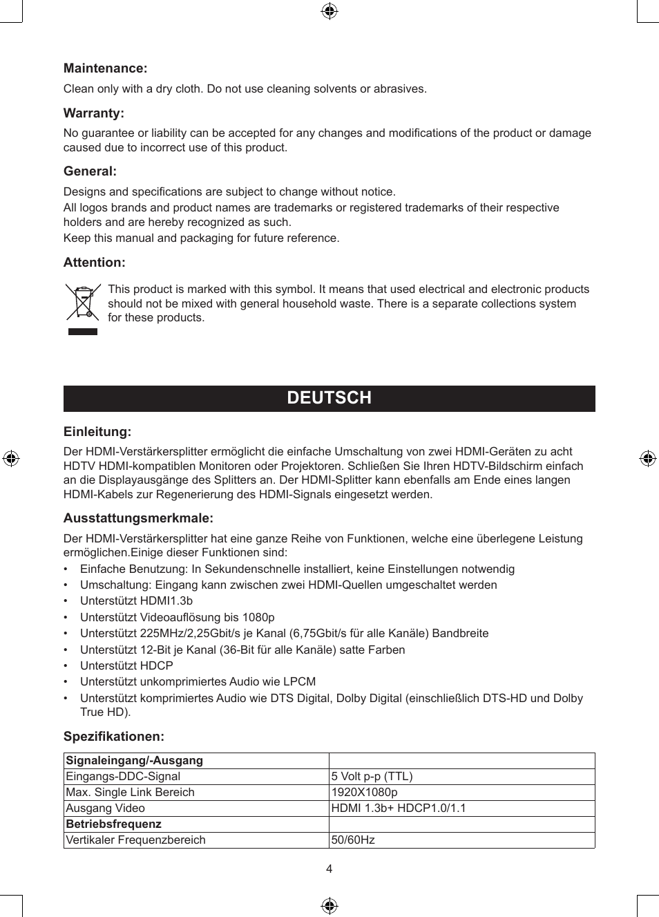 Deutsch, Anleitung (s. 4), 2 zu 8-port hdmi-splitter | Konig Electronic 2 - 8 port HDMI splitter User Manual | Page 4 / 32