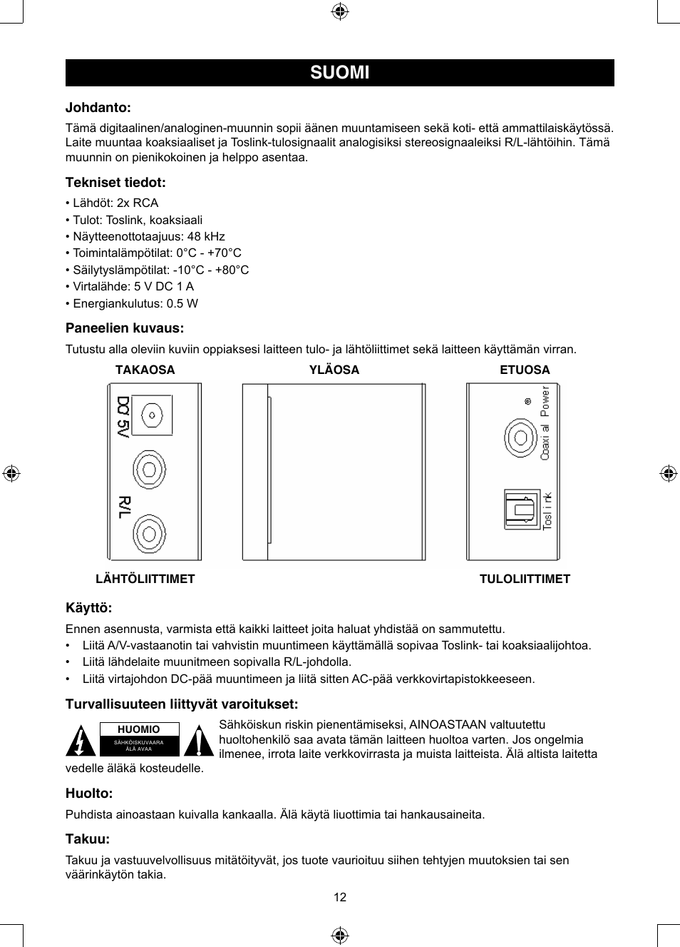 Suomi, Käyttöohje (s. 12), Optinen-stereo rca-muunnin | Konig Electronic Optical - stereo RCA converter User Manual | Page 12 / 22