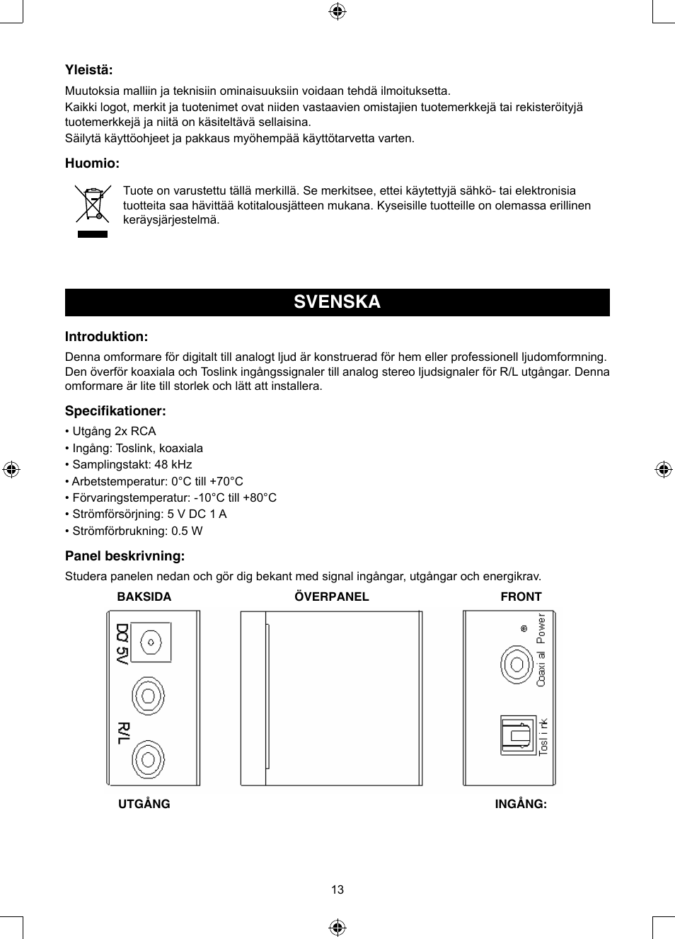 Svenska, Bruksanvisning (s. 13), Optisk till stereo omformare | Konig Electronic Optical - stereo RCA converter User Manual | Page 13 / 22