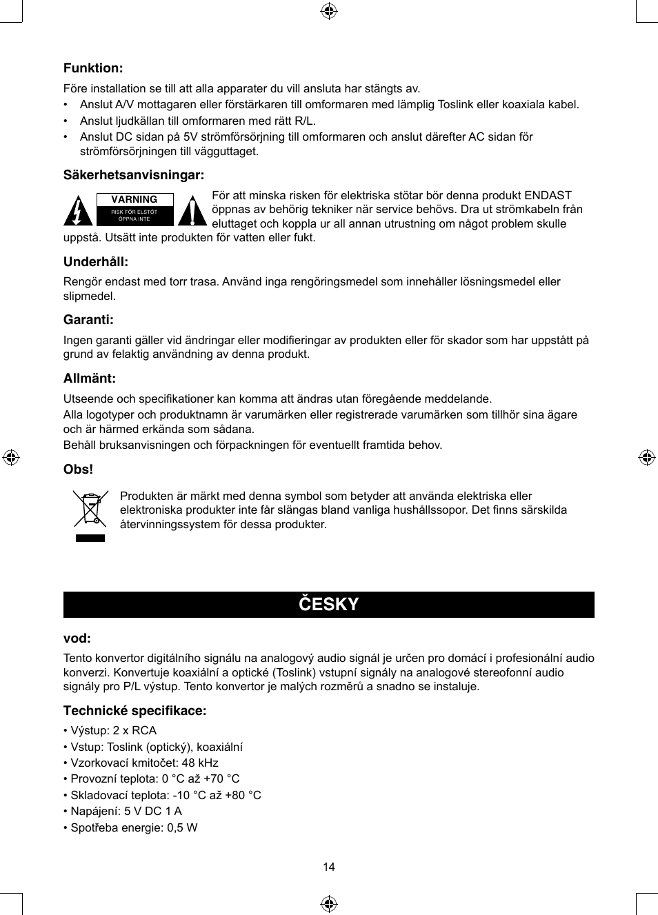 Česky, Návod k použití (s. 14), Konvertor pro převod optického | Signálu na analogový stereo signál | Konig Electronic Optical - stereo RCA converter User Manual | Page 14 / 22