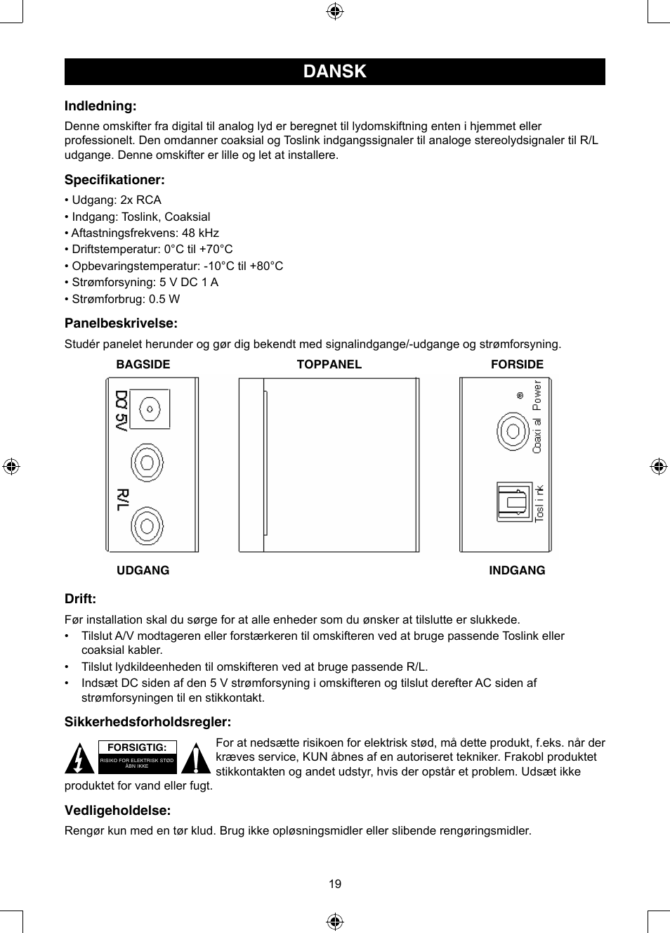 Dansk, Brugervejledning (p. 19), Optisk til stereo rca omskifter | Konig Electronic Optical - stereo RCA converter User Manual | Page 19 / 22