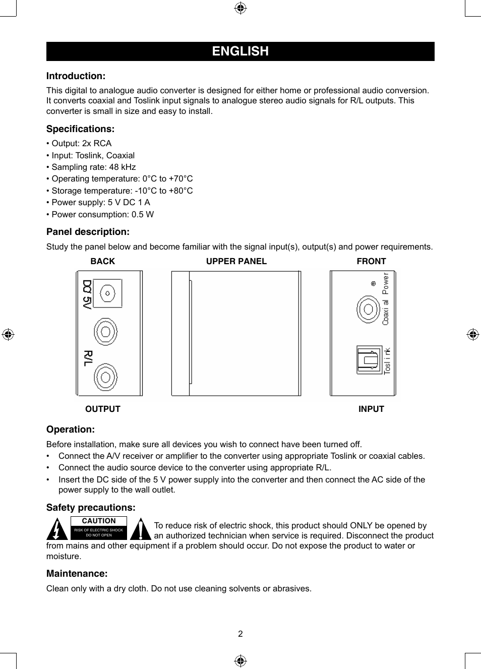 English, Manual (p. 2), Optical to stereo rca | Converter | Konig Electronic Optical - stereo RCA converter User Manual | Page 2 / 22