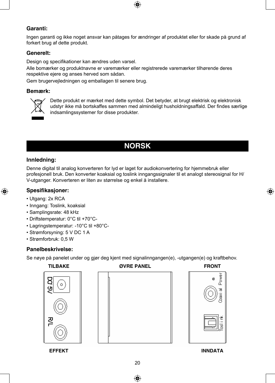 Norsk, Veiledning (σελ. 20), Optisk til stereo rca-konverter | Konig Electronic Optical - stereo RCA converter User Manual | Page 20 / 22