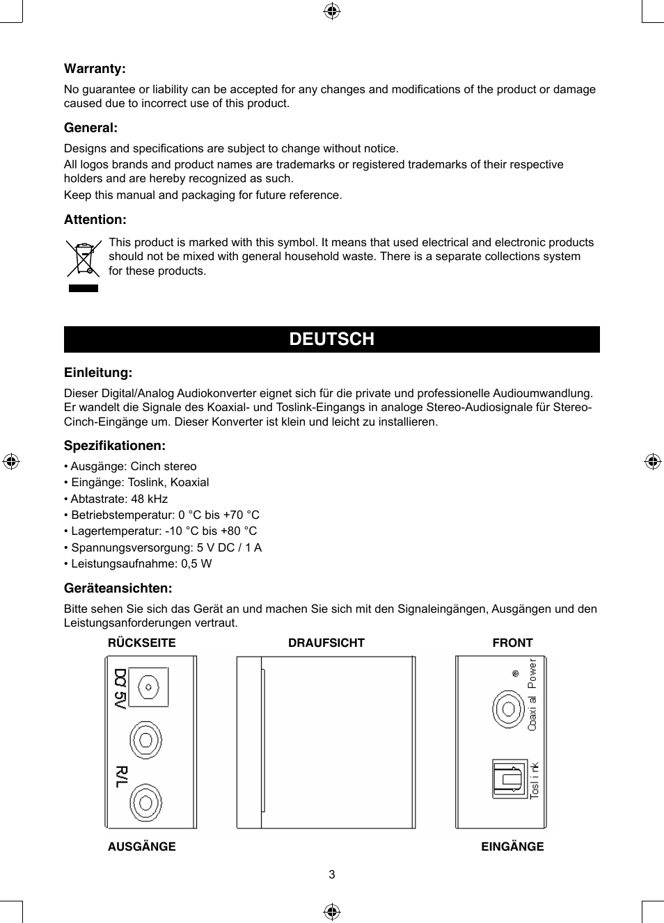 Deutsch, Anleitung (s. 3), Audiowandler von digital in | Analog | Konig Electronic Optical - stereo RCA converter User Manual | Page 3 / 22